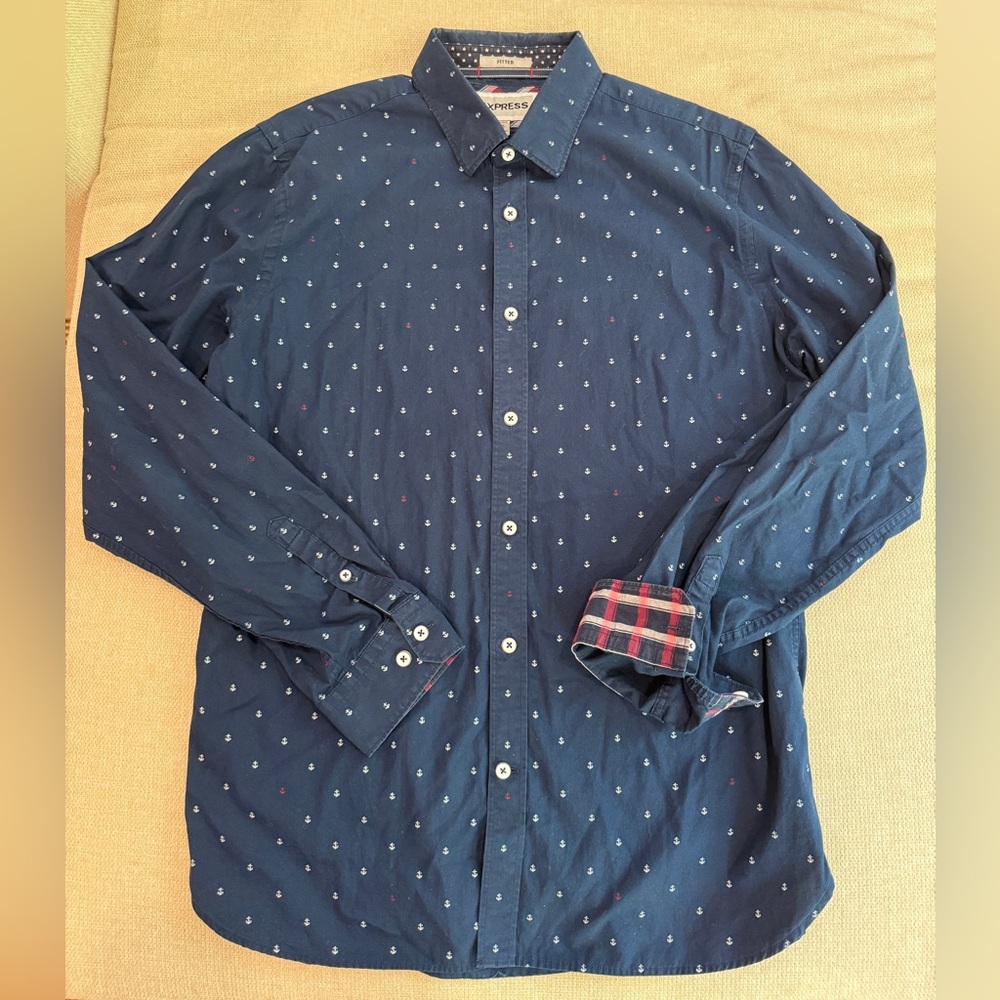 Express Fitted Button-down Anchor Print Blue Men’s Medium 15-15 1/2